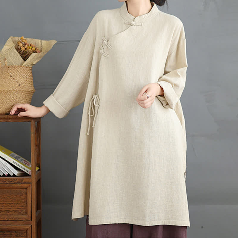 Buddha Stones Chemises à manches longues pour femmes, style Tang vintage, col mandarin, boutons brandebourg, unies, printemps-automne - Beige - US8-10, UK/AU12-14, EU40-42 (2XL) - image 6