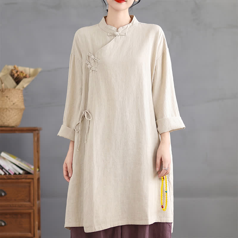 Buddha Stones Chemises à manches longues pour femmes, style Tang vintage, col mandarin, boutons brandebourg, unies, printemps-automne - image 10