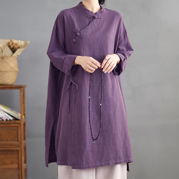 Buddha Stones Chemises à manches longues pour femmes, style Tang vintage, col mandarin, boutons brandebourg, unies, printemps-automne - Violet - US8-10, UK/AU12-14, EU40-42 (2XL) - image 0