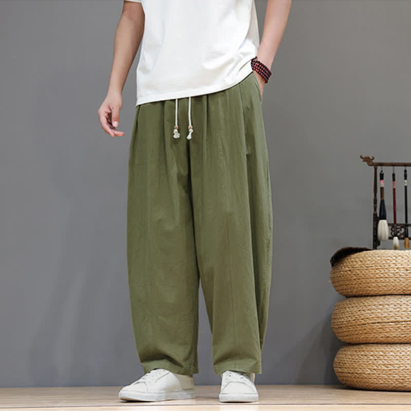 Buddha Stones Pantalon homme décontracté printemps-été minimaliste à cordon de serrage, coupe droite, avec poches - Vert olive - US/UK/AU48, EU58 (6XL) - image 0