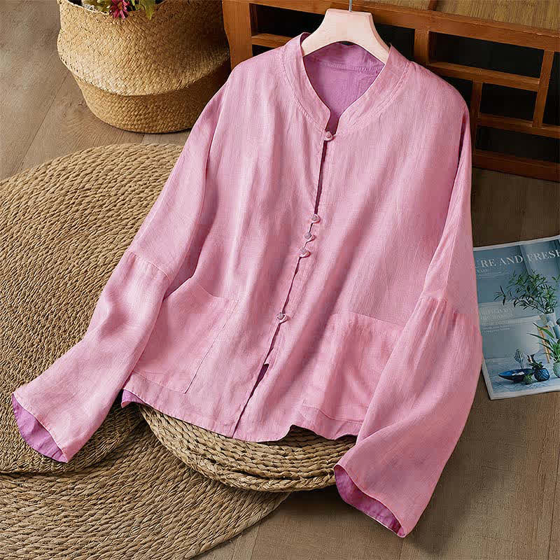 Buddha Stones Chemises à manches longues pour femmes, style Tang, décontractées, col rond, couleur unie, réversibles, avec poche, collection printemps-automne - Rouge violet pâle - US14, UK/AU18, EU46 (2XL) - image 11