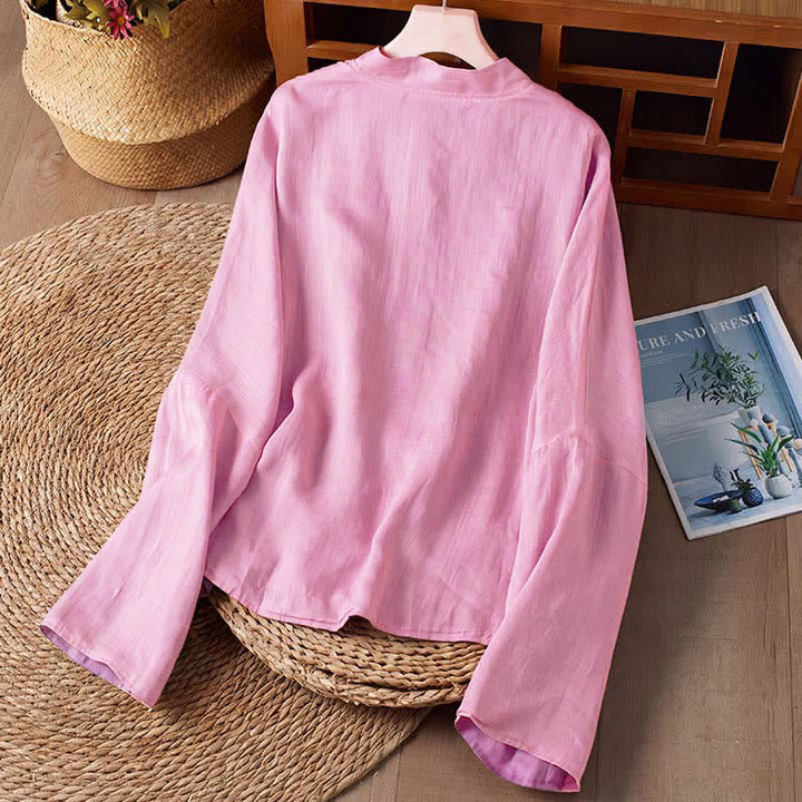 Buddha Stones Chemises à manches longues pour femmes, style Tang, décontractées, col rond, couleur unie, réversibles, avec poche, collection printemps-automne - image 12