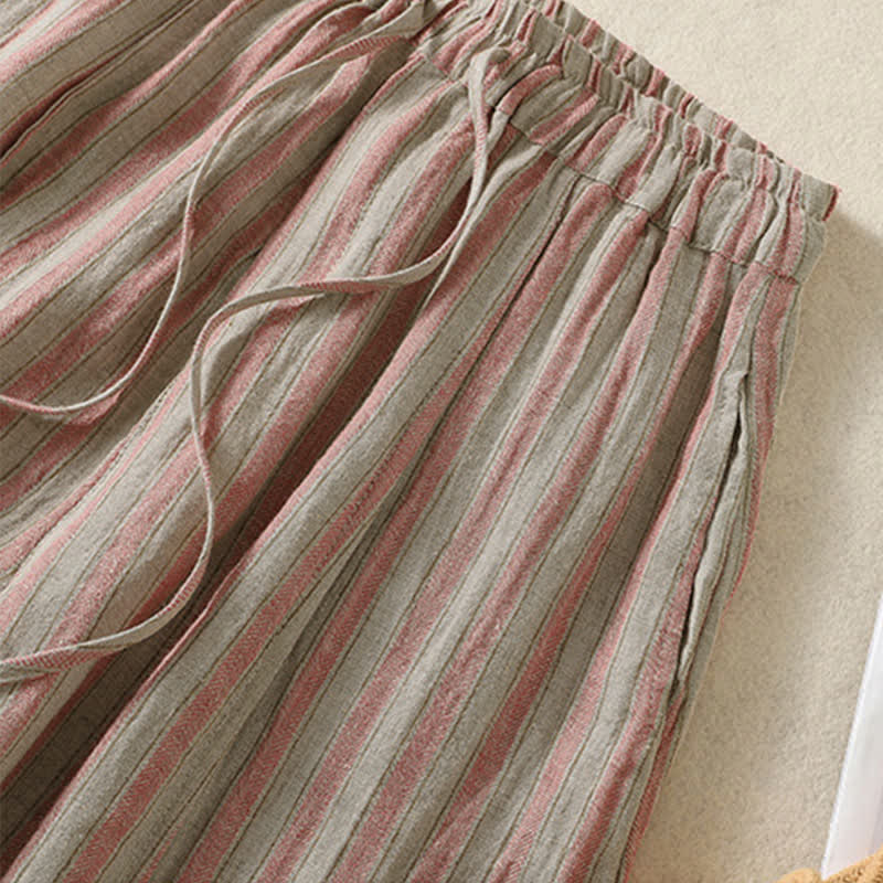 Buddha Stones Pantalon sarouel court à rayures, style bohème décontracté, avec cordon de serrage et poches, idéal pour le printemps et l'été. - image 11