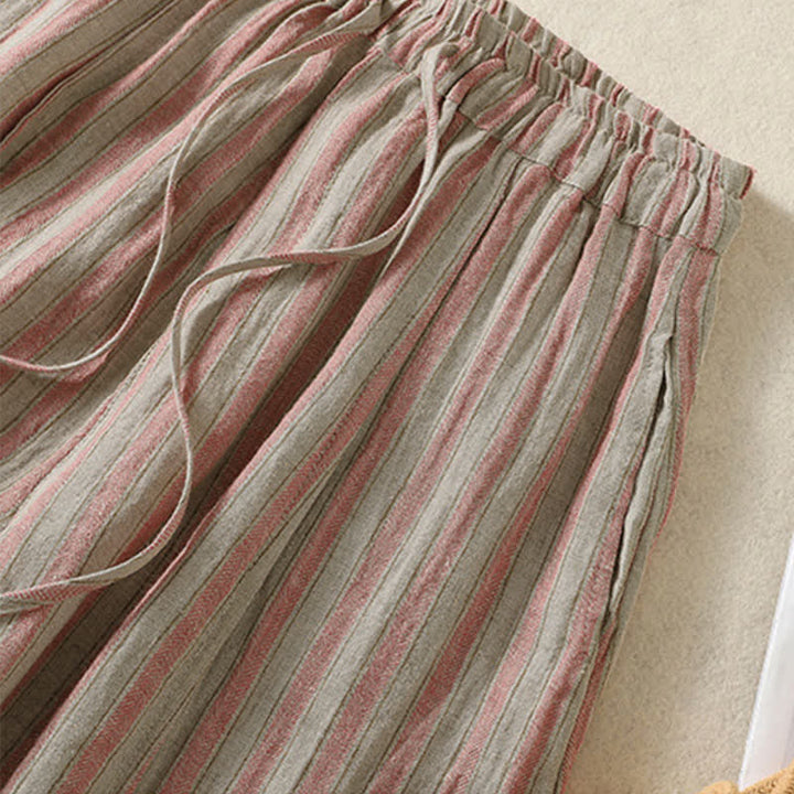 Buddha Stones Pantalon sarouel court à rayures, style bohème décontracté, avec cordon de serrage et poches, idéal pour le printemps et l'été. - image 11