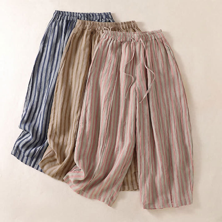 Buddha Stones Pantalon sarouel court à rayures, style bohème décontracté, avec cordon de serrage et poches, idéal pour le printemps et l'été. - image 24