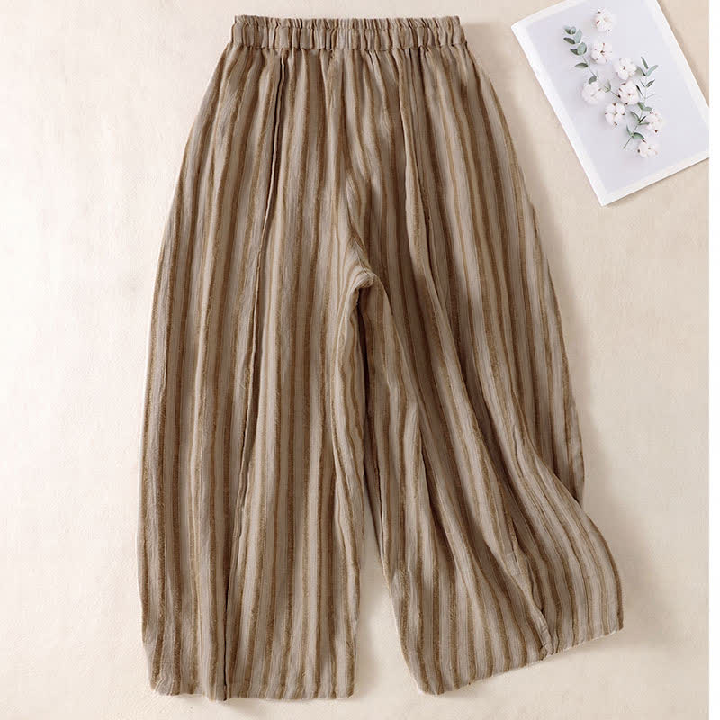 Buddha Stones Pantalon sarouel court à rayures, style bohème décontracté, avec cordon de serrage et poches, idéal pour le printemps et l'été. - image 1