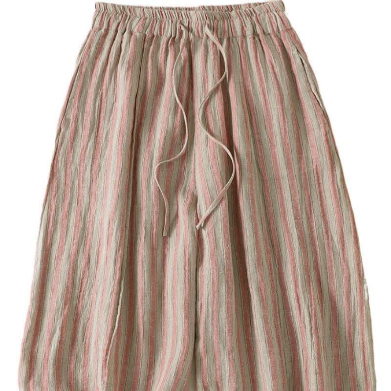 Buddha Stones Pantalon sarouel court à rayures, style bohème décontracté, avec cordon de serrage et poches, idéal pour le printemps et l'été. - image 8