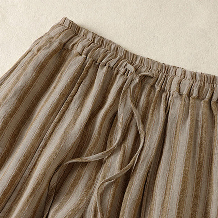 Buddha Stones Pantalon sarouel court à rayures, style bohème décontracté, avec cordon de serrage et poches, idéal pour le printemps et l'été. - image 2