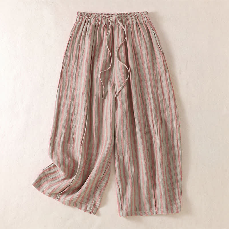 Buddha Stones Pantalon sarouel court à rayures, style bohème décontracté, avec cordon de serrage et poches, idéal pour le printemps et l'été. - Rose - US8-10, UK/AU12-14, EU40-42 (2XL) - image 6
