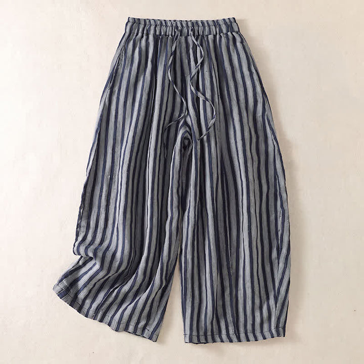 Buddha Stones Pantalon sarouel court à rayures, style bohème décontracté, avec cordon de serrage et poches, idéal pour le printemps et l'été. - Gris - US8-10, UK/AU12-14, EU40-42 (2XL) - image 17