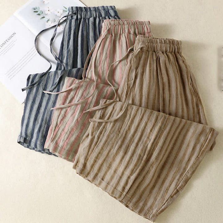 Buddha Stones Pantalon sarouel court à rayures, style bohème décontracté, avec cordon de serrage et poches, idéal pour le printemps et l'été. - image 25
