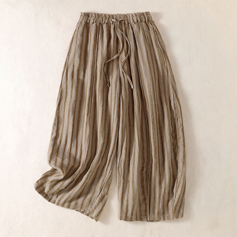 Buddha Stones Pantalon sarouel court à rayures, style bohème décontracté, avec cordon de serrage et poches, idéal pour le printemps et l'été. - Tanné - US8-10, UK/AU12-14, EU40-42 (2XL) - image 0