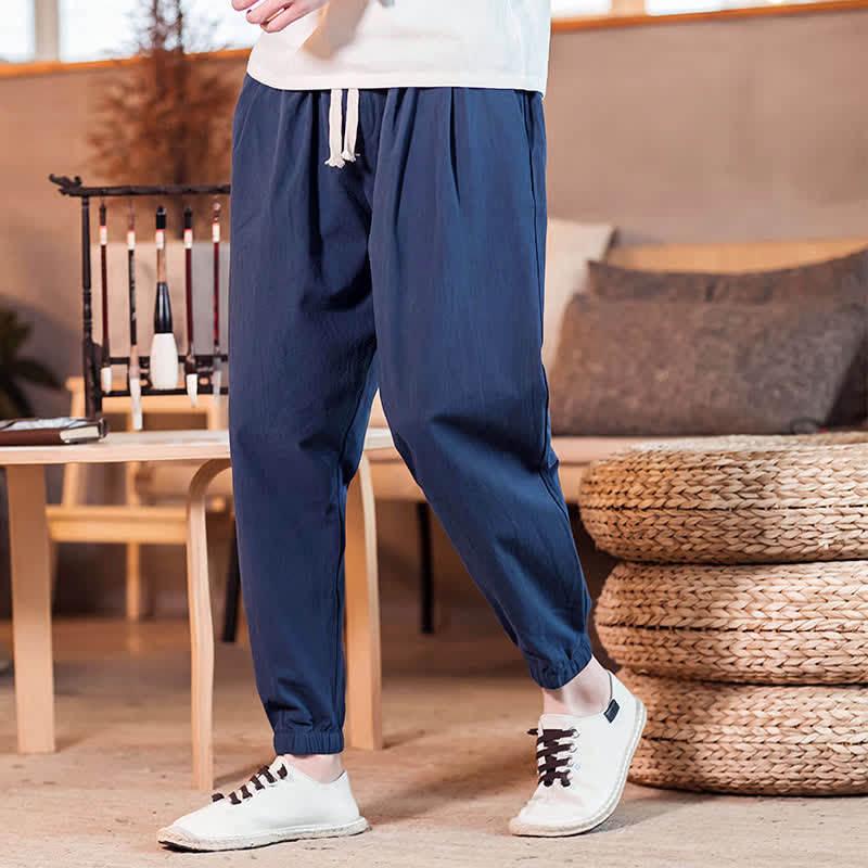 Buddha Stones Pantalon court uni à cordon de serrage, coupe fuselée, style minimaliste, idéal pour le printemps et l'été. Poches incluses. - Bleu nuit - US/UK/AU46, EU56 (5XL) - image 0