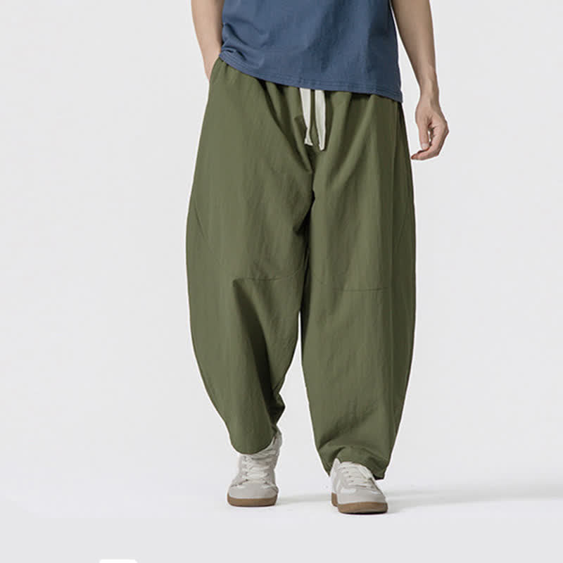 Buddha Stones Pantalon sarouel homme décontracté, minimaliste, à cordon de serrage, court, uni, avec poches, printemps-été - Vert olive - US/UK/AU46, EU56 (5XL) - image 0