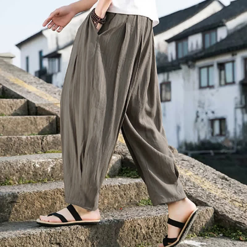 Buddha Stones Pantalon d'été décontracté à cordon de serrage, coupe courte, uni, jambes droites, avec poches - image 3