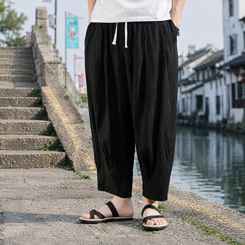 Buddha Stones Pantalon d'été décontracté à cordon de serrage, coupe courte, uni, jambes droites, avec poches - image 9