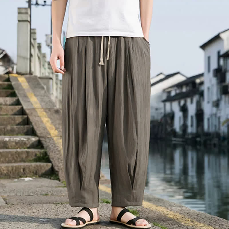 Buddha Stones Pantalon d'été décontracté à cordon de serrage, coupe courte, uni, jambes droites, avec poches - image 1