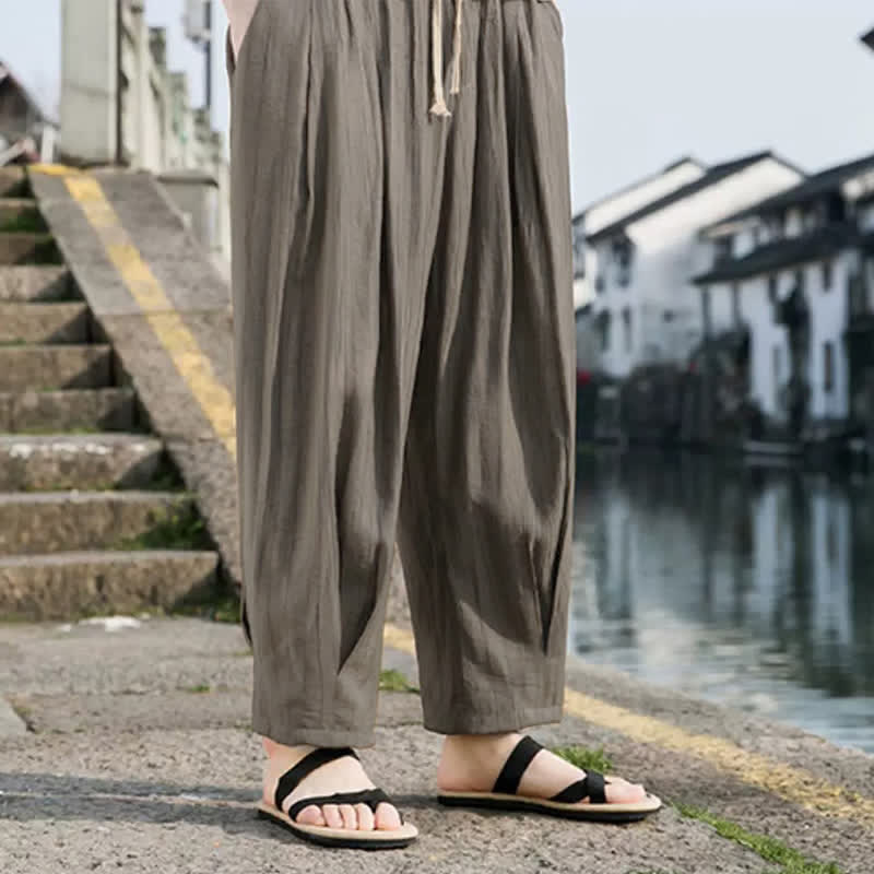 Buddha Stones Pantalon d'été décontracté à cordon de serrage, coupe courte, uni, jambes droites, avec poches - image 5