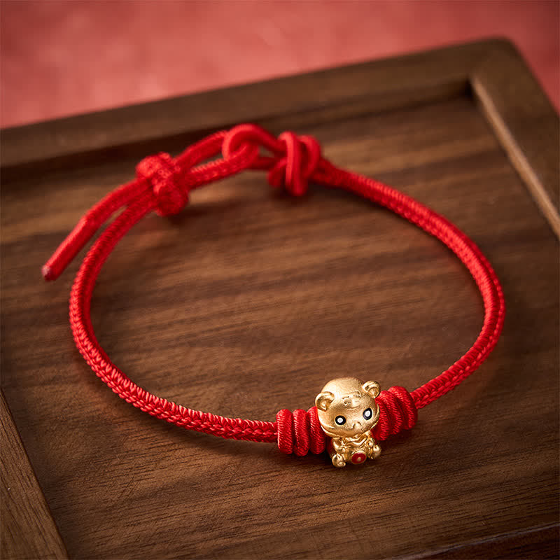 Buddha Stones Bracelet porte-bonheur en corde tressée rouge avec sac à argent en forme de tigre - image 1