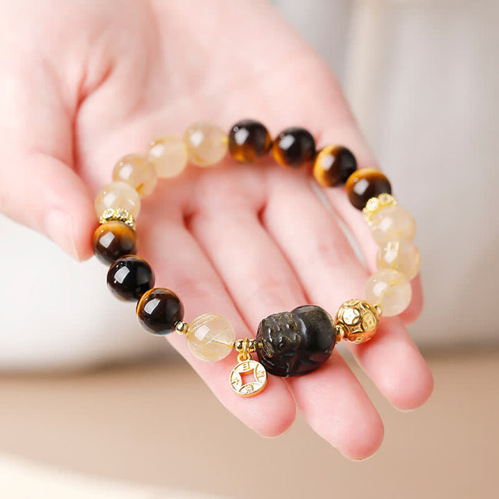 Buddha Stones Bracelet de perles Feng Shui en œil de tigre Pi Xiu et quartz rutile doré, symbole de richesse - image 10