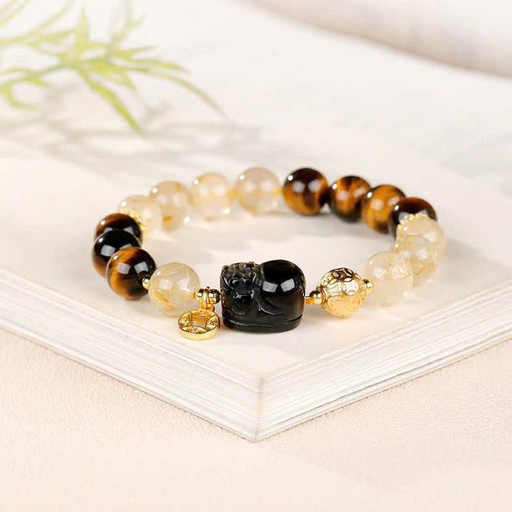 Buddha Stones Bracelet de perles Feng Shui en œil de tigre Pi Xiu et quartz rutile doré, symbole de richesse - image 2