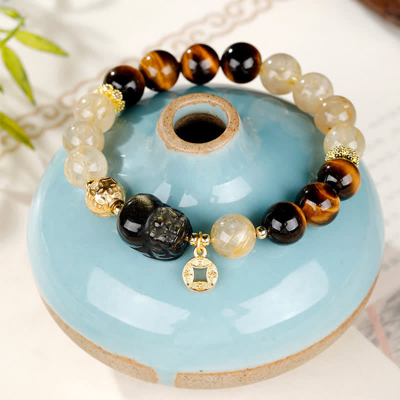 Buddha Stones Bracelet de perles Feng Shui en œil de tigre Pi Xiu et quartz rutile doré, symbole de richesse - image 4
