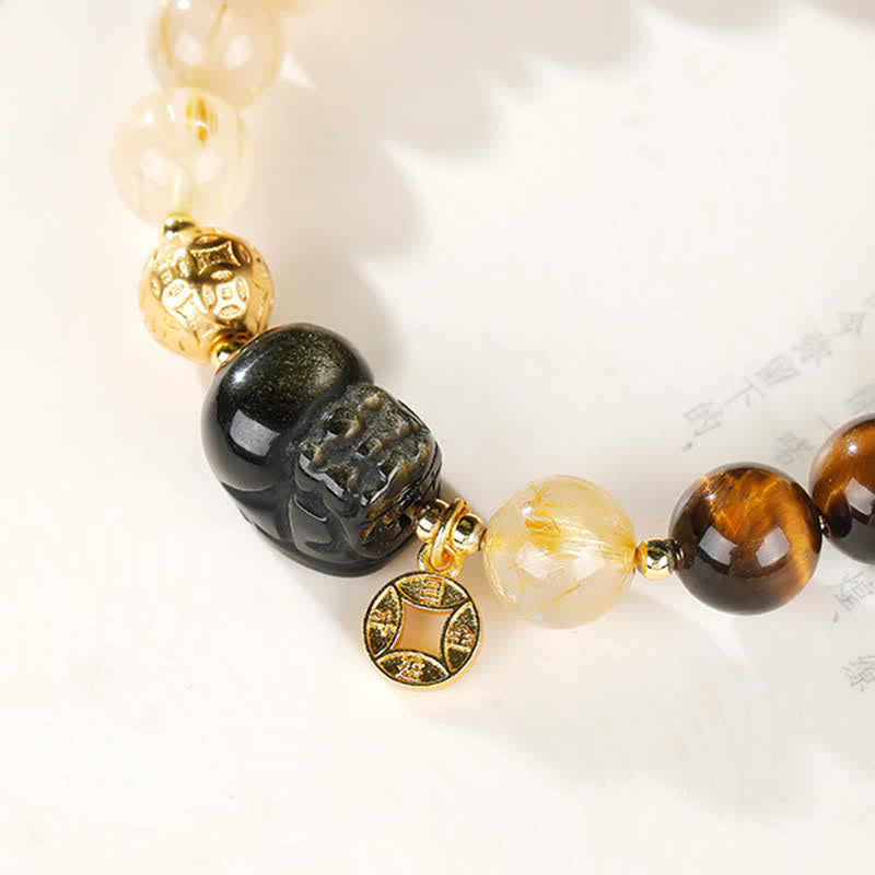 Buddha Stones Bracelet de perles Feng Shui en œil de tigre Pi Xiu et quartz rutile doré, symbole de richesse - image 13