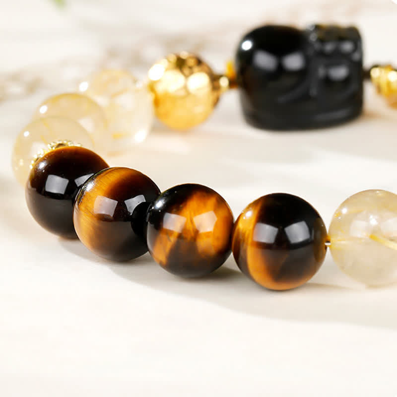 Buddha Stones Bracelet de perles Feng Shui en œil de tigre Pi Xiu et quartz rutile doré, symbole de richesse - image 12