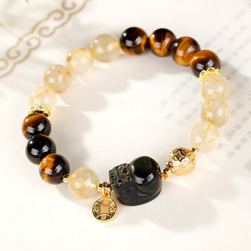 Buddha Stones Bracelet de perles Feng Shui en œil de tigre Pi Xiu et quartz rutile doré, symbole de richesse - image 1