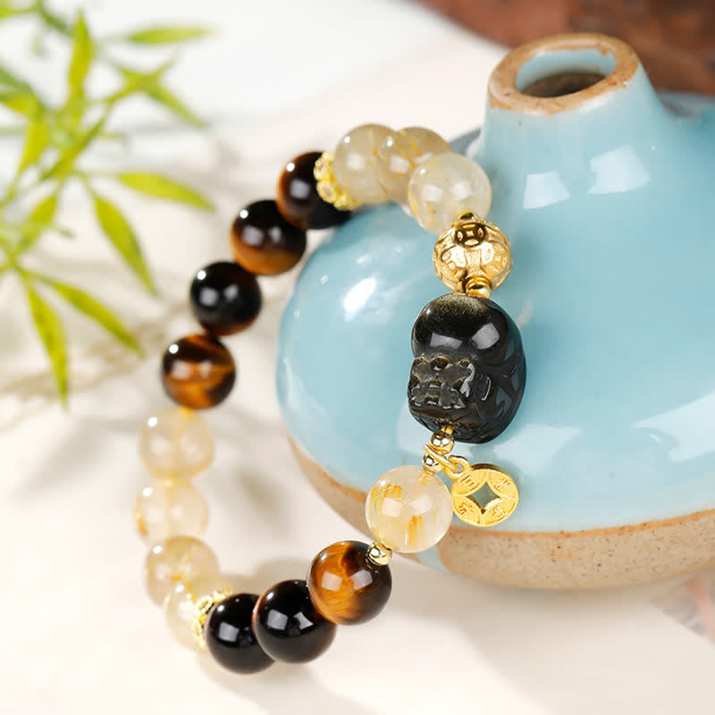 Buddha Stones Bracelet de perles Feng Shui en œil de tigre Pi Xiu et quartz rutile doré, symbole de richesse - image 3