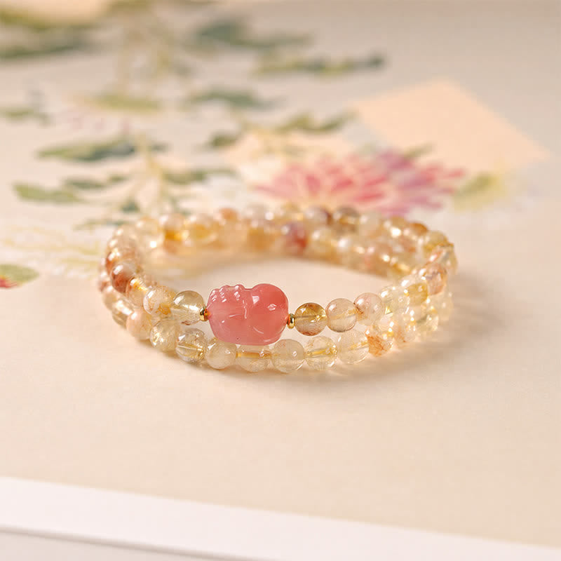 Buddha Stones Bracelet double tour en citrine Pi Xiu, symbole d'abondance et de richesse - Pi Xiu (Tour de poignet : 14–15 cm) - image 0