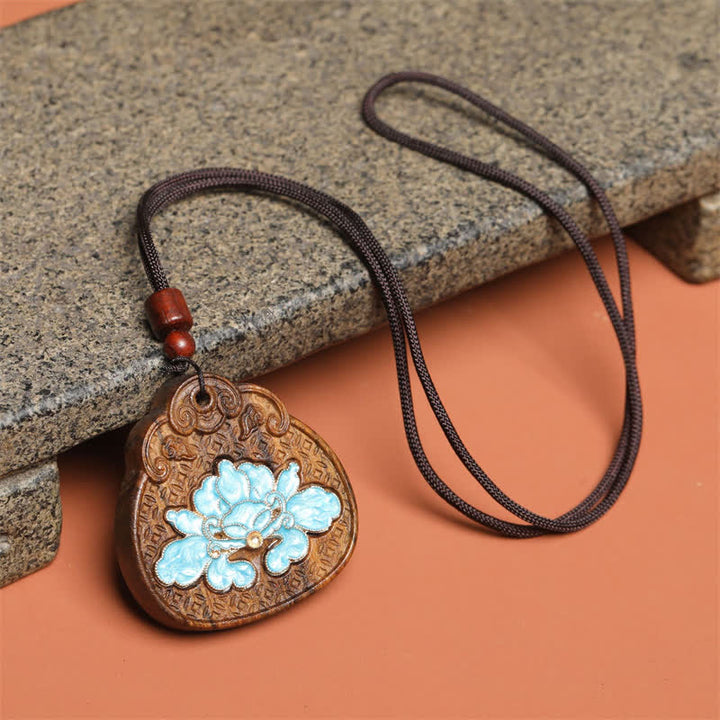 Buddha Stones Collier en bois de sappan, lotus purity, émail incrusté de corde tressée - image 1