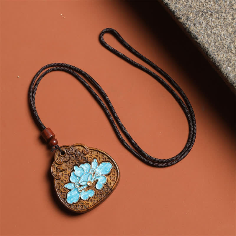 Buddha Stones Collier en bois de sappan, lotus purity, émail incrusté de corde tressée - image 4