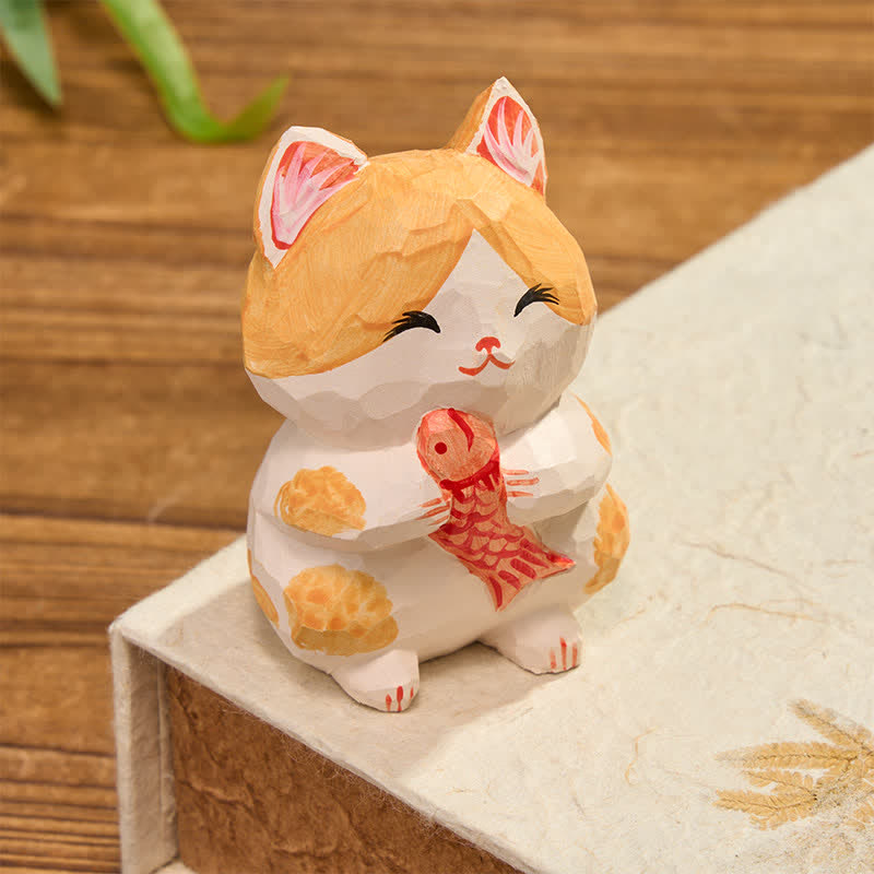 Buddha Stones Chat porte-bonheur en bois naturel peint à la main, décoration mignonne avec un animal mignon - image 2