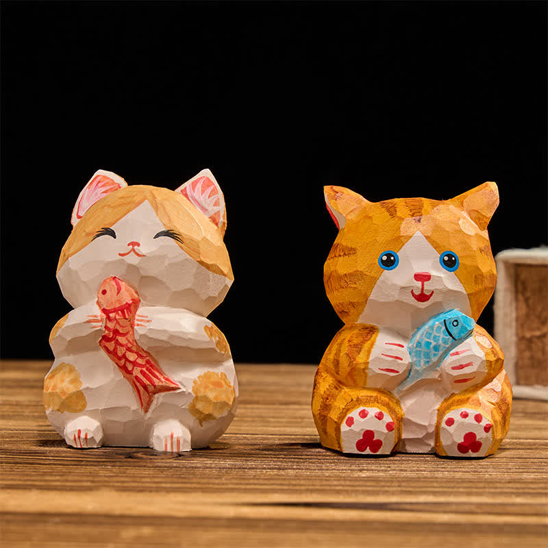 Buddha Stones Chat porte-bonheur en bois naturel peint à la main, décoration mignonne avec un animal mignon - image 10