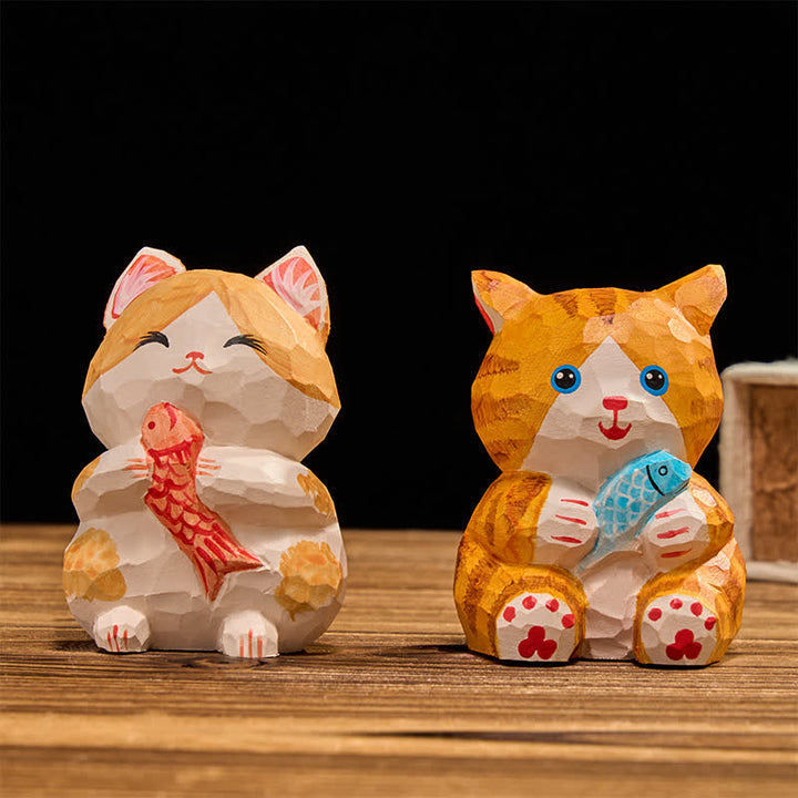 Buddha Stones Chat porte-bonheur en bois naturel peint à la main, décoration mignonne avec un animal mignon - image 10