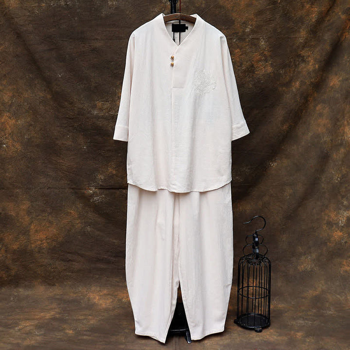 Buddha Stones Ensemble 2 pièces printemps-été, chemise à col mandarin, pantalon brodé, coton uni, tenue de méditation pour homme avec poches - Beige - US/UK/AU46，EU56 (5XL) - image 0