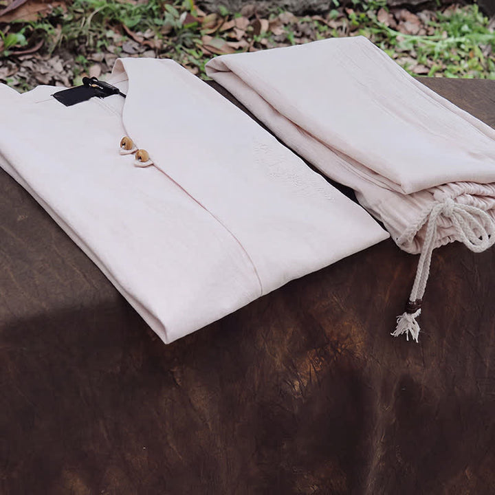 Buddha Stones Ensemble 2 pièces printemps-été, chemise à col mandarin, pantalon brodé, coton uni, tenue de méditation pour homme avec poches - image 4