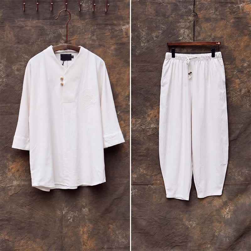 Buddha Stones Ensemble 2 pièces printemps-été, chemise à col mandarin, pantalon brodé, coton uni, tenue de méditation pour homme avec poches - image 5
