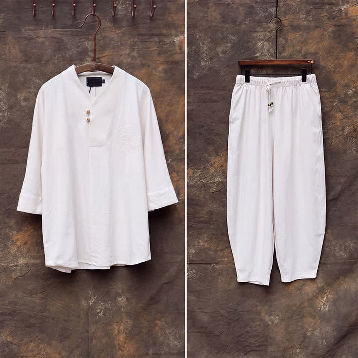 Buddha Stones Ensemble 2 pièces printemps-été, chemise à col mandarin, pantalon brodé, coton uni, tenue de méditation pour homme avec poches - image 5