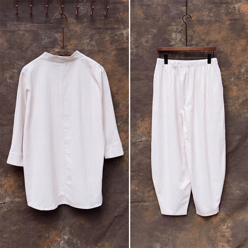 Buddha Stones Ensemble 2 pièces printemps-été, chemise à col mandarin, pantalon brodé, coton uni, tenue de méditation pour homme avec poches - image 6