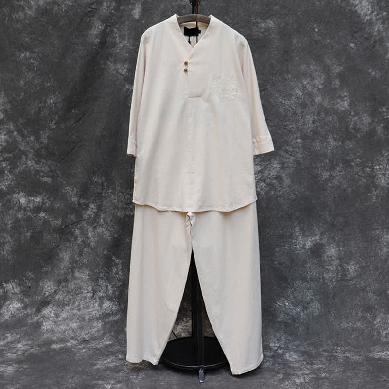 Buddha Stones Ensemble 2 pièces printemps-été, chemise à col mandarin, pantalon brodé, coton uni, tenue de méditation pour homme avec poches - image 3