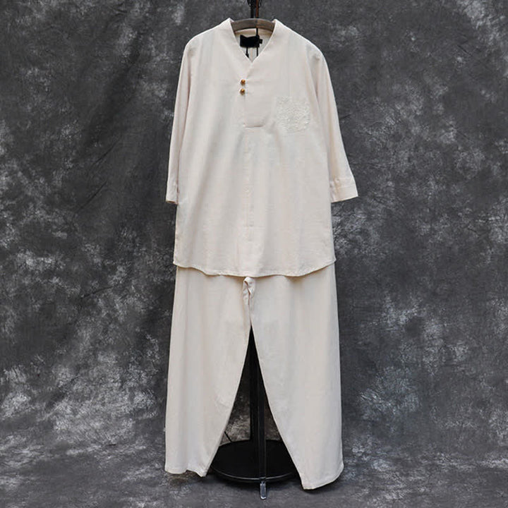 Buddha Stones Ensemble 2 pièces printemps-été, chemise à col mandarin, pantalon brodé, coton uni, tenue de méditation pour homme avec poches - image 3