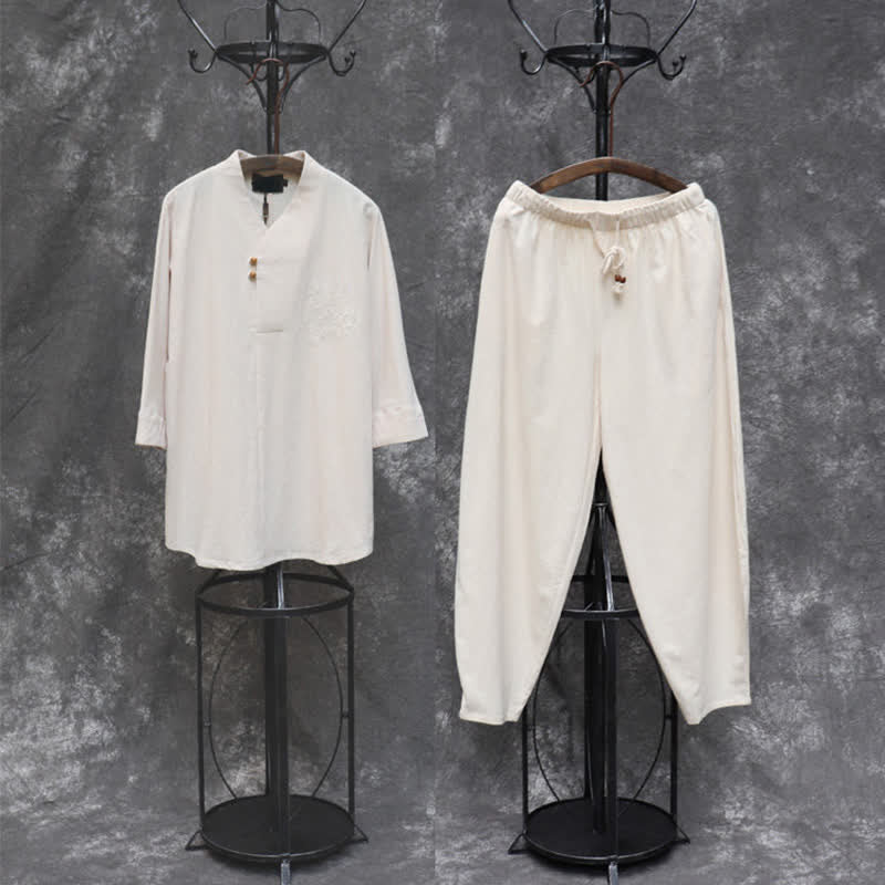 Buddha Stones Ensemble 2 pièces printemps-été, chemise à col mandarin, pantalon brodé, coton uni, tenue de méditation pour homme avec poches - image 1