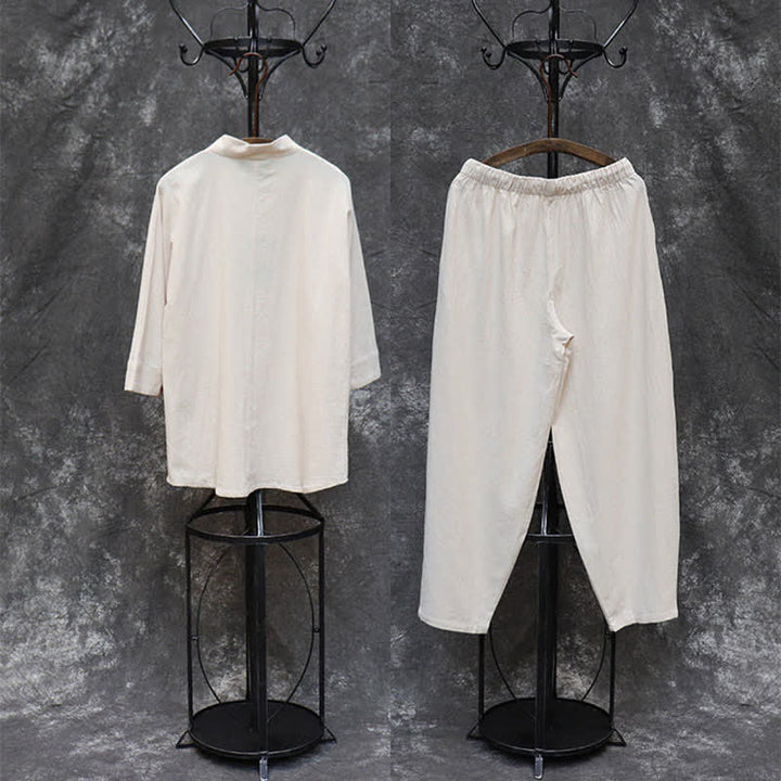 Buddha Stones Ensemble 2 pièces printemps-été, chemise à col mandarin, pantalon brodé, coton uni, tenue de méditation pour homme avec poches - image 2
