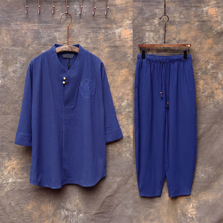 Buddha Stones Ensemble 2 pièces printemps-été, chemise à col mandarin, pantalon brodé, coton uni, tenue de méditation pour homme avec poches - image 19