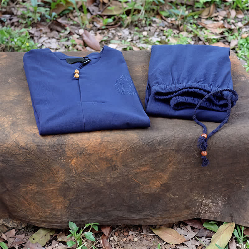 Buddha Stones Ensemble 2 pièces printemps-été, chemise à col mandarin, pantalon brodé, coton uni, tenue de méditation pour homme avec poches - image 21