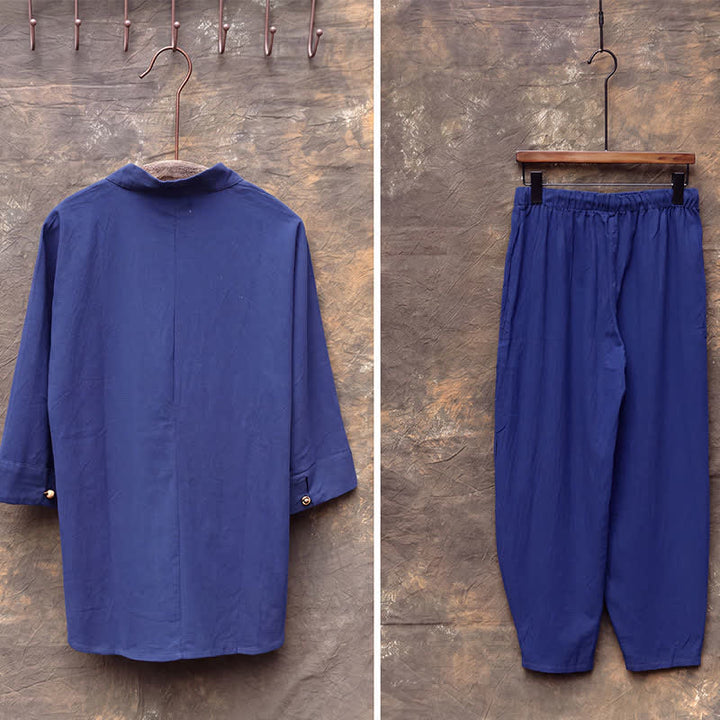 Buddha Stones Ensemble 2 pièces printemps-été, chemise à col mandarin, pantalon brodé, coton uni, tenue de méditation pour homme avec poches - image 20