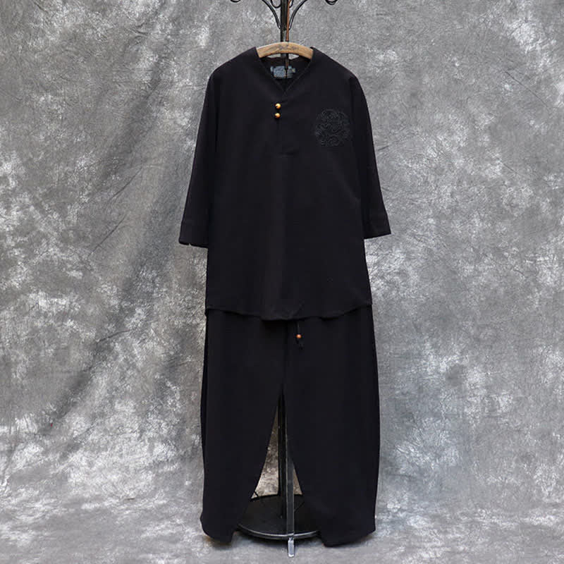 Buddha Stones Ensemble 2 pièces printemps-été, chemise à col mandarin, pantalon brodé, coton uni, tenue de méditation pour homme avec poches - image 23