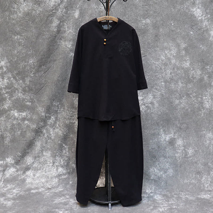 Buddha Stones Ensemble 2 pièces printemps-été, chemise à col mandarin, pantalon brodé, coton uni, tenue de méditation pour homme avec poches - image 23